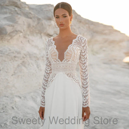 Customized Sexy Long Sleeves Bohemian Lace Bridal Gown
