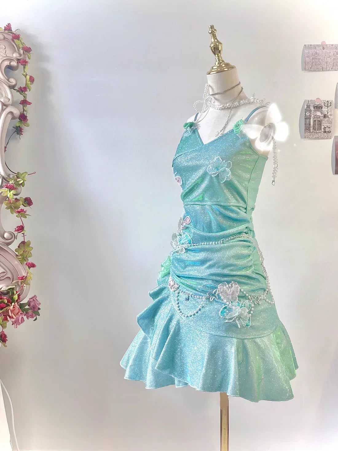 Fashion Mint Green Sparkling Sequin Spaghetti Strap Ruffled Hem Short 16th Birthday Party Dress Homecoming Dress HZ0319