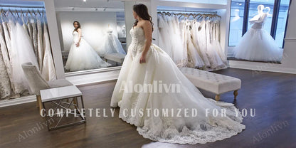 Alonlivn Custom Made Luxury Appliques Lace Ball Gown Wedding Dresses Chapel Train V-Neck Bridal Gowns