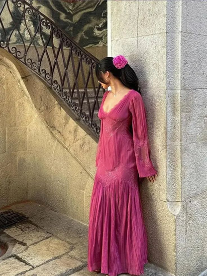 Pink Chiffon Lace Party Dress Elegant Long Prom Dress cc2232