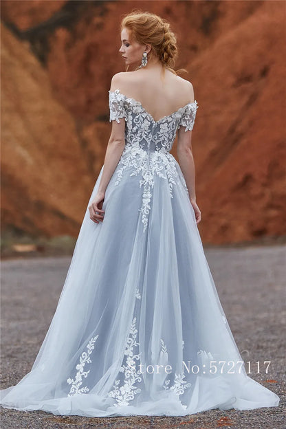 Off the Shoulder Short Sleeves Lace Applique A-line Wedding Dress