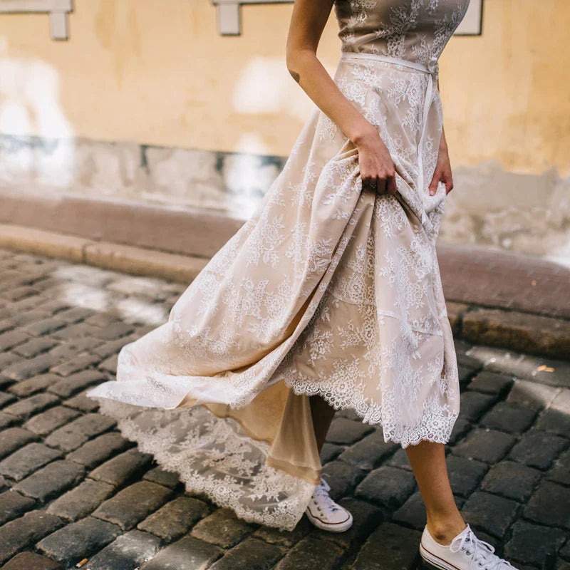 Customized Vintage Champagne Lace Bohemian Wedding Dress A Line Cap Sleeve Sexy Backless Bridal Gown