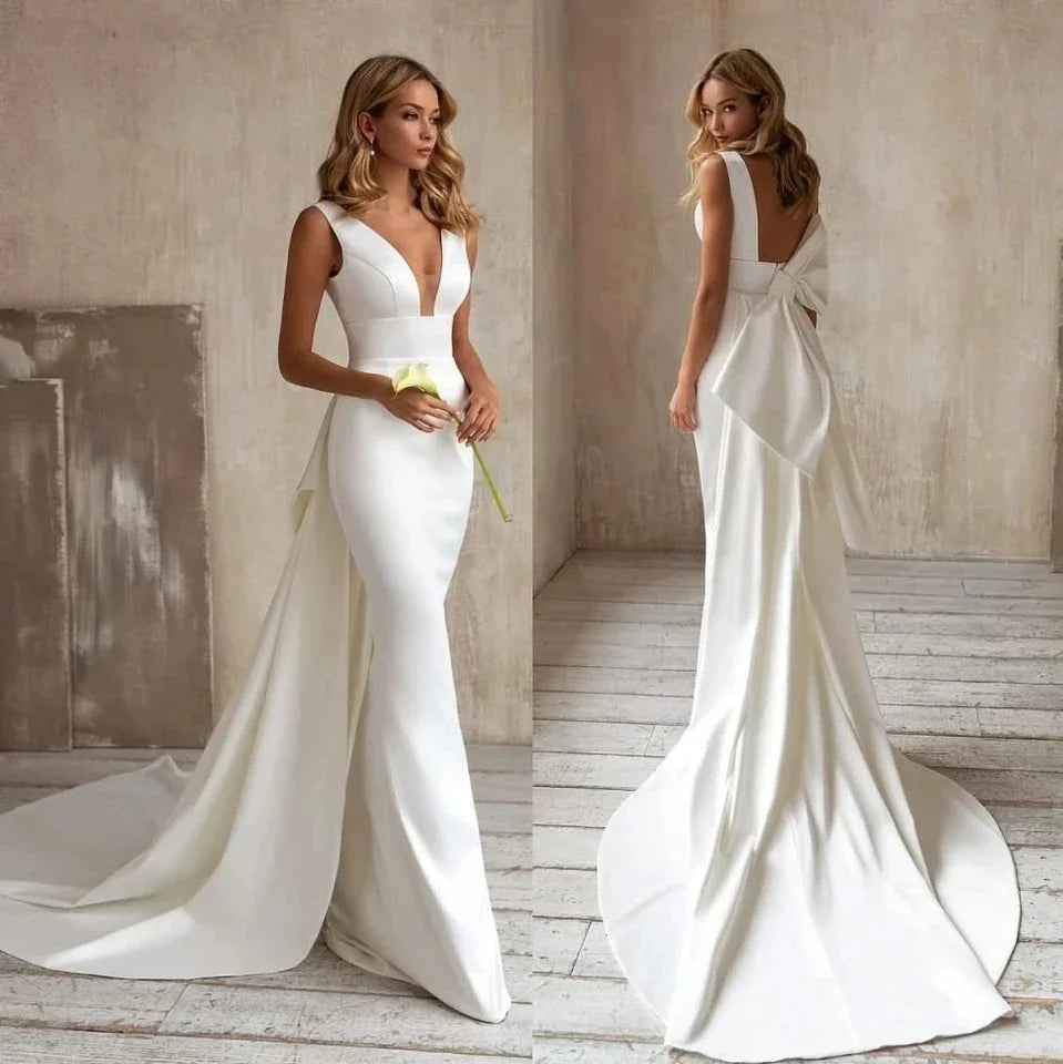 Mermaid Wedding Dress Detachable Train Bow V-Neck Elegant Bridal Gown Sleeveless Customized