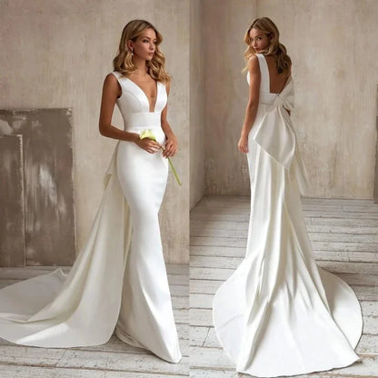 Mermaid Wedding Dress Detachable Train Bow V-Neck Elegant Bridal Gown Sleeveless Customized