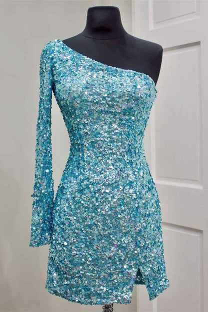 One Sleeve Hot Pink Sequins Party Dress