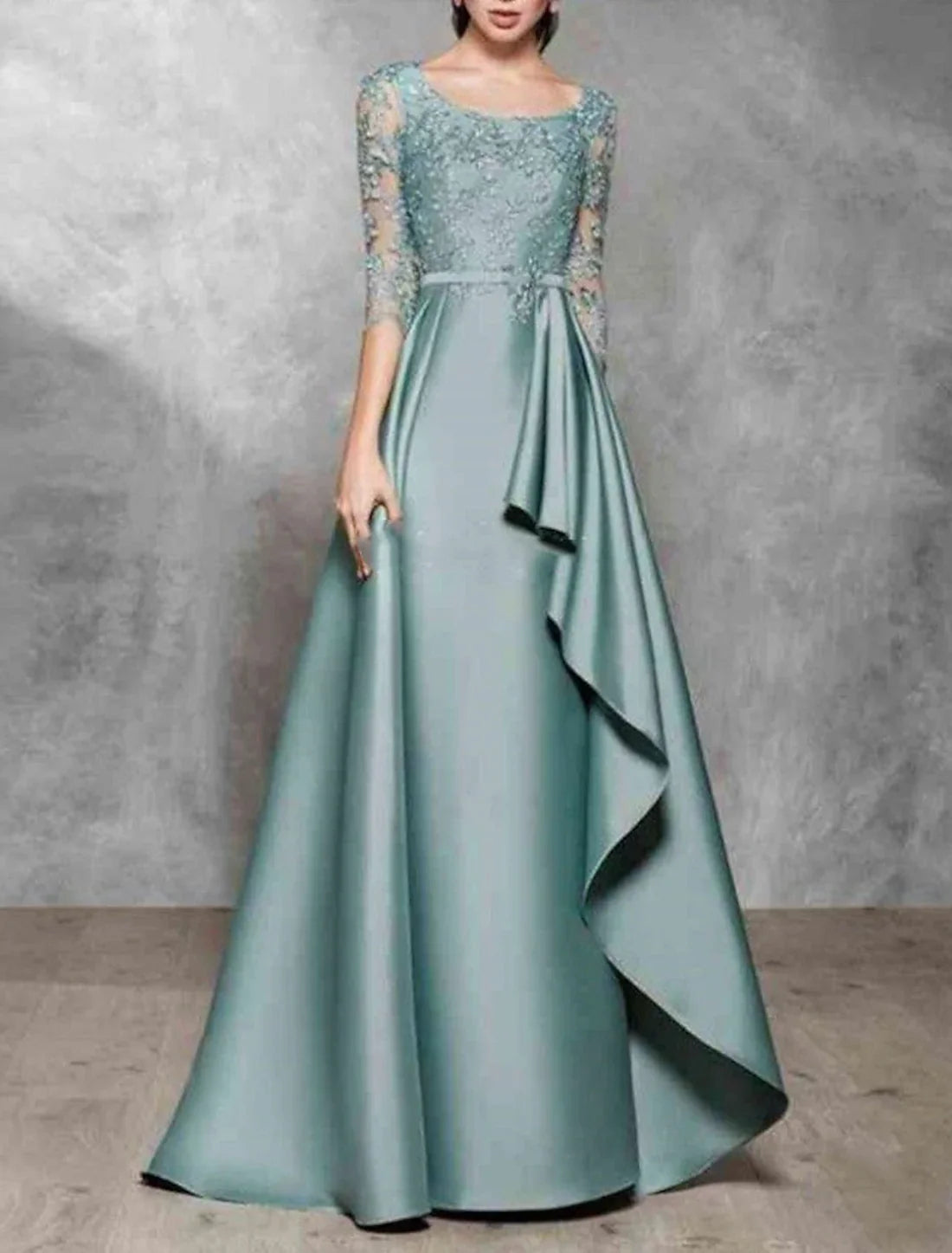 A-Line Mother of the Bride Dress Wedding Guest Elegant Jewel Neck Floor Length Satin Lace 3/4 Length Sleeve No with Sash / Ribbon Ruffles Appliques Beautiful