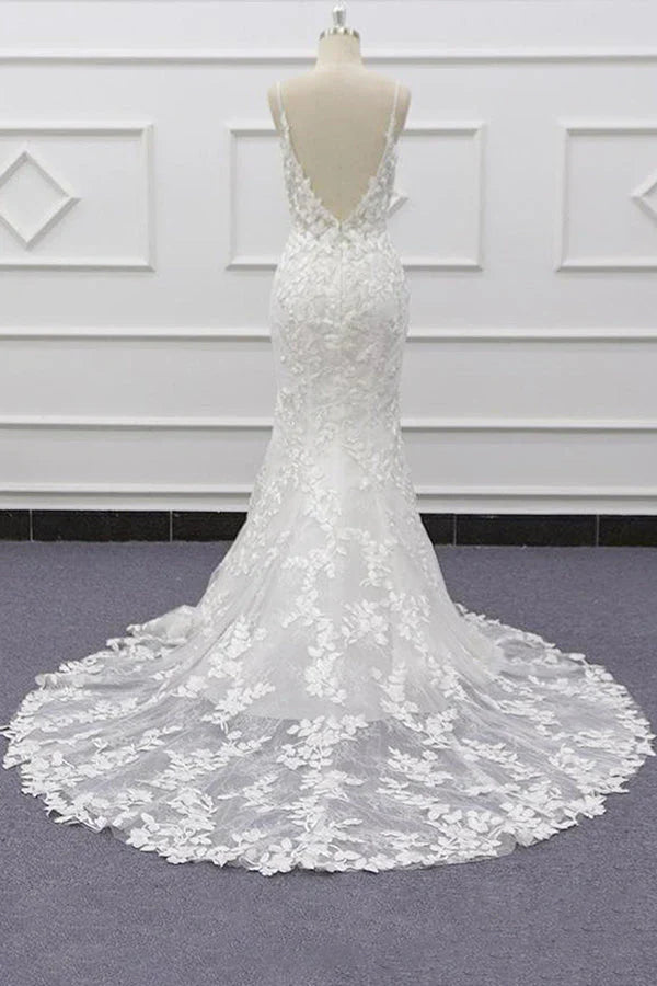 White Tulle Wedding Dress Lace Appliques Spaghetti Straps Mermaid Bridal Dress Open Back