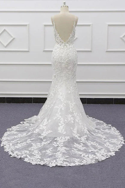White Tulle Wedding Dress Lace Appliques Spaghetti Straps Mermaid Bridal Dress Open Back