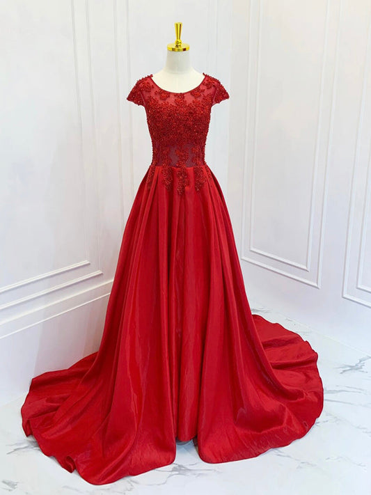 A-Line Scoop Neckline Satin Lace Burgundy Long Prom Dress Formal Dress Short Sleeves december wedding guest dress