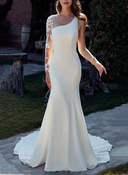 Long Sleeves Court Train Elegant Satin Wedding Dresses With Appliques Lace Floor Length Elegant