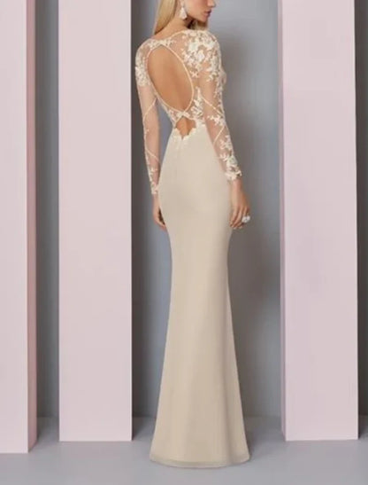 Sheath / Column Mother of the Bride Dress Wedding Guest Elegant See Through Jewel Neck Floor Length Chiffon Lace Long Sleeve