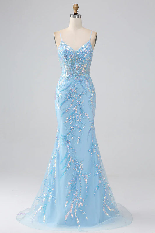 Aimishang Sparkly Blue Mermaid V-neck Spaghetti Straps Long Prom Dress Charming Evening Party Dress Formal Dress