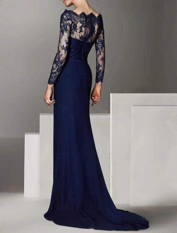Mermaid / Trumpet Mother of the Bride Dress Formal Wedding Guest Elegant Off Shoulder Floor Length Lace Stretch Chiffon Long Sleeve with Lace