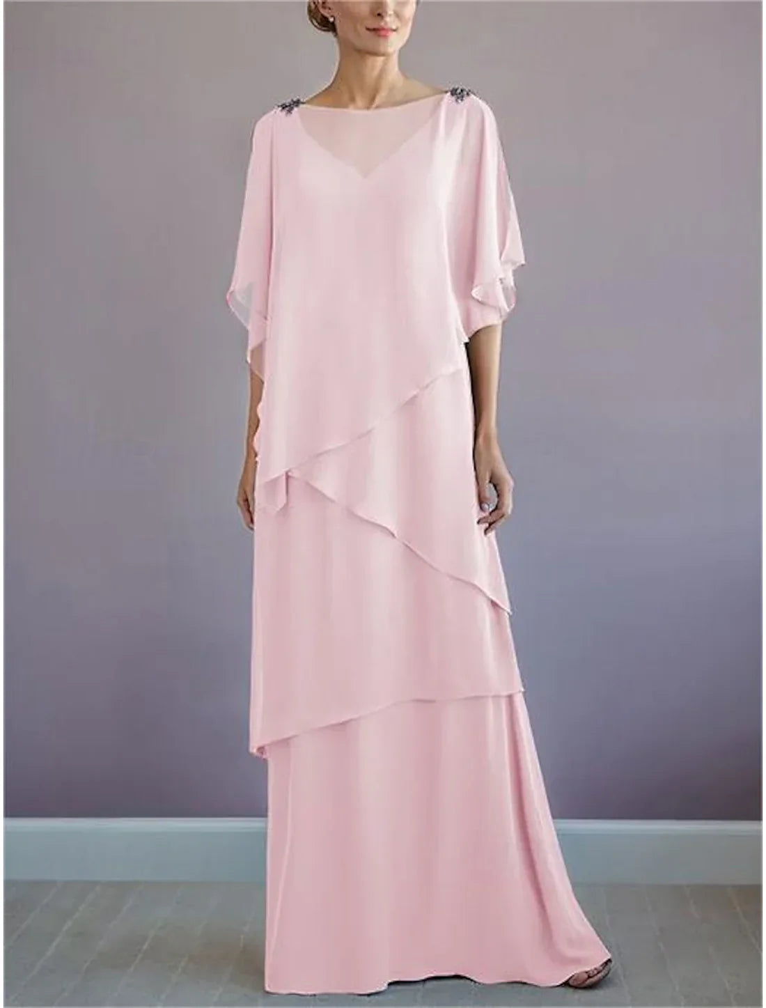 A-Line Mother of the Bride Dress Formal Wedding Guest Elegant Bateau Neck Floor Length Chiffon Half Sleeve with Ruffles