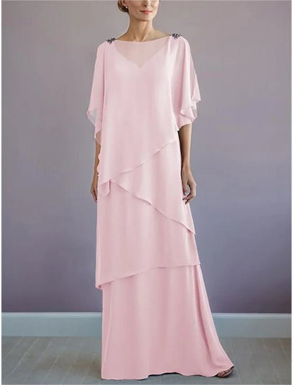 A-Line Mother of the Bride Dress Formal Wedding Guest Elegant Bateau Neck Floor Length Chiffon Half Sleeve with Ruffles