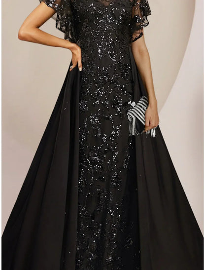 A-Line Mother of the Bride Dress Wedding Guest Elegant Scoop Neck Floor Length Chiffon Lace Sequined Short Sleeve with Sequin Ruching Sparkly