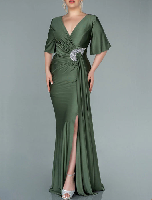 Mermaid / Trumpet Mother of the Bride Dress Wedding Guest Party Elegant V Neck Sweep / Brush Train Stretch Satin Imitated Silk Half Sleeve