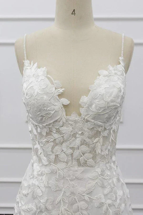 White Tulle Wedding Dress Lace Appliques Spaghetti Straps Mermaid Bridal Dress Open Back