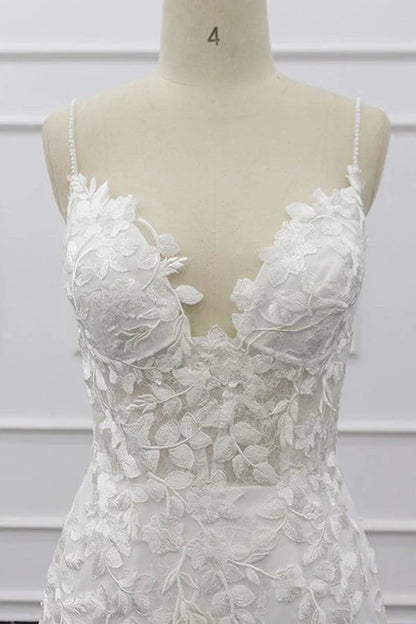 White Tulle Wedding Dress Lace Appliques Spaghetti Straps Mermaid Bridal Dress Open Back