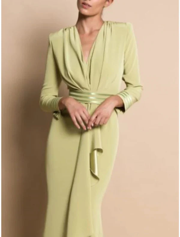 Sheath / Column Mother of the Bride Dress Formal Wedding Guest Elegant Party V Neck Sweep / Brush Train Stretch Chiffon Long Sleeve with Draping