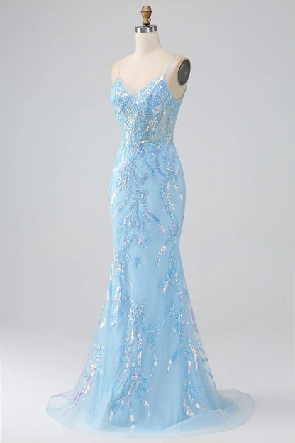 Aimishang Sparkly Blue Mermaid V-neck Spaghetti Straps Long Prom Dress Charming Evening Party Dress Formal Dress