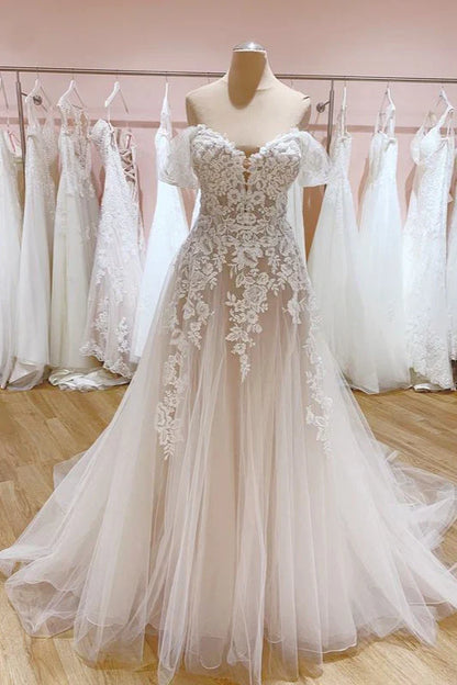 Tulle Lace Wedding Dress Off The Shoulder A-Line Bridal Dress With Sweep Train Elegant