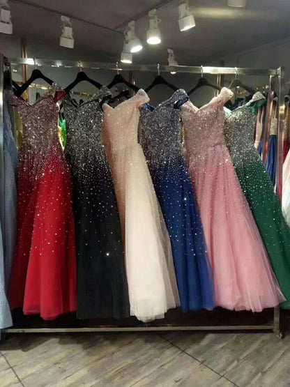 Blue Sparkle Off Shoulder Ball Party Dress Handmade Beaded Party Dress Elegant Prom Dress Evening Dress