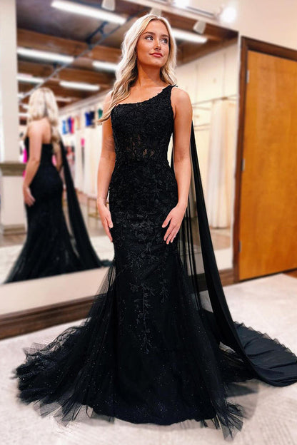 Black One Shoulder Appliques Mermaid Long Prom Dresses Sexy Evening Dress