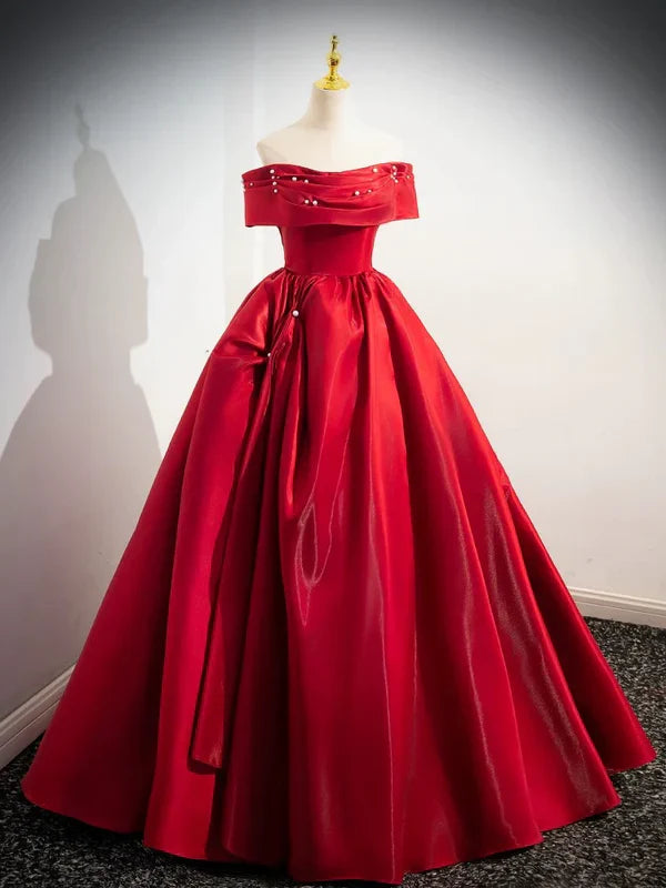 A-Line Off Shoulder Satin Red Ballgown Long Prom Dress Evening Dress Floor Length