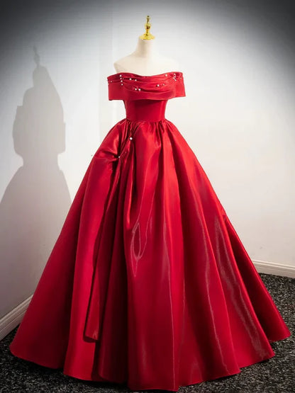 A-Line Off Shoulder Satin Red Ballgown Long Prom Dress Evening Dress Floor Length