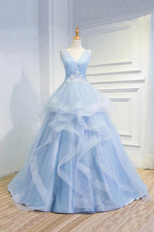 Sweetheart Blue Organza Ballgown V Neck Ruffles Appliques Prom Dresses Beautiful