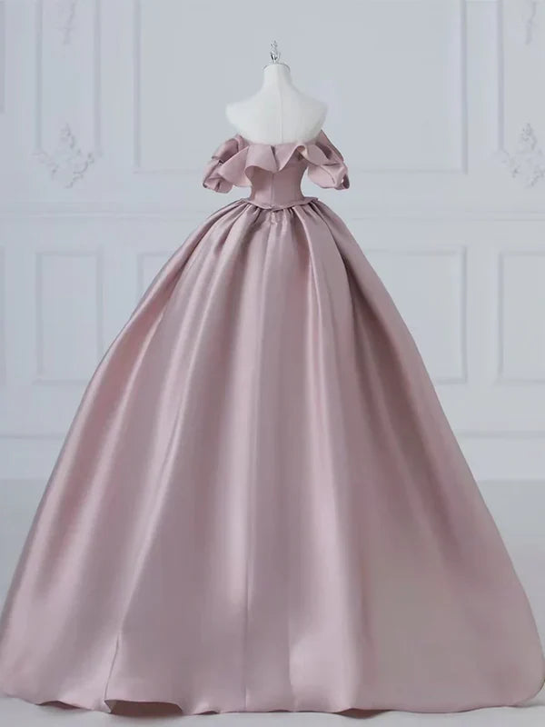 A-Line Pink Satin Long Off Shoulder Prom Dress Quinceanera Dress Evening Dress