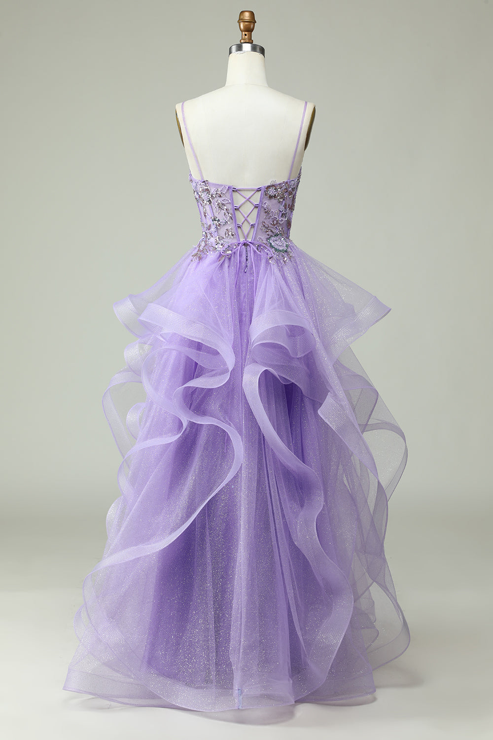 A Line Spaghetti Straps Purple Long Prom Dress with Appliques Beautiful