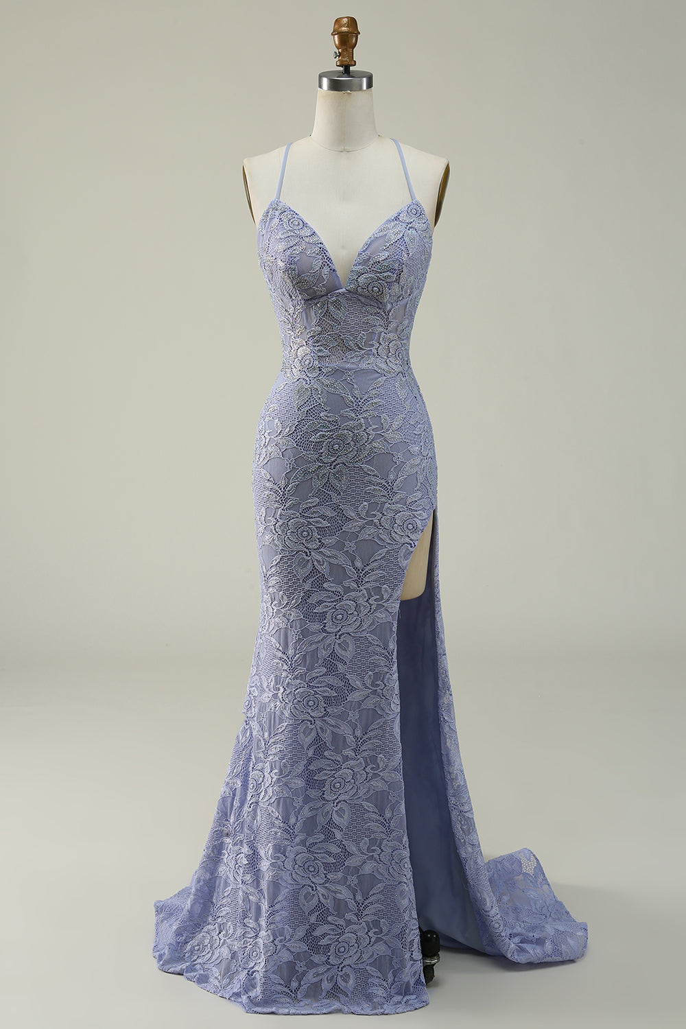 Halter Mermaid Purple Lace Long Prom Dress V-neck With Slit