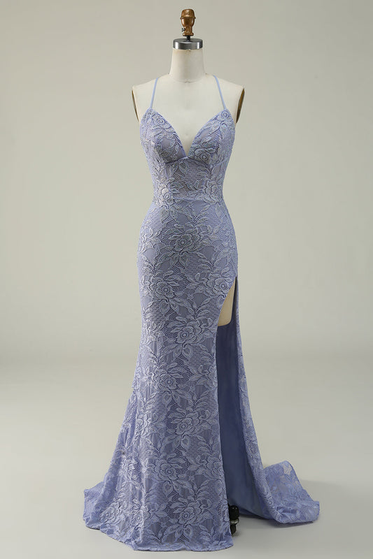 Halter Mermaid Purple Lace Long Prom Dress V-neck With Slit