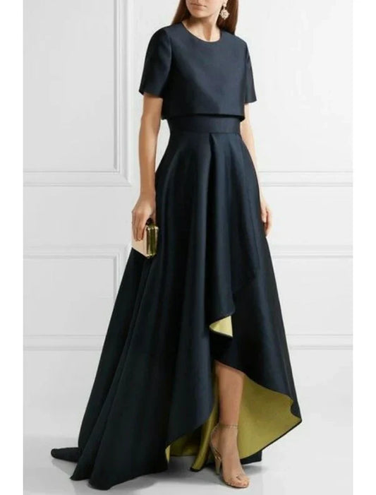 Two Piece Sheath / Column Mother of the Bride Dress Wedding Guest Church Elegant Simple High Low Jewel Neck Asymmetrical Taffeta Short Sleeve with Pleats