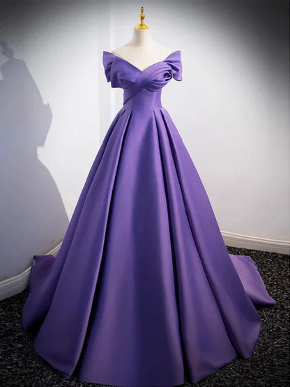 Simple Off Shoulder Satin Purple Long Prom Dress Court Train Dresses Evening Dress
