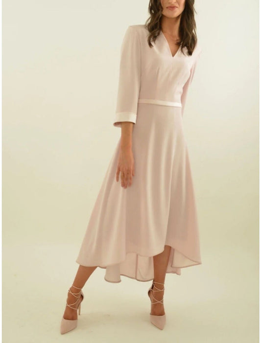 A-Line Mother of the Bride Dress Simple Elegant V Neck Asymmetrical Ankle Length Stretch Chiffon 3/4 Length Sleeve with Pleats