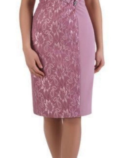 Sheath / Column Mother of the Bride Dress Wedding Guest Party Elegant Scoop Neck Knee Length Chiffon Lace Short Sleeve