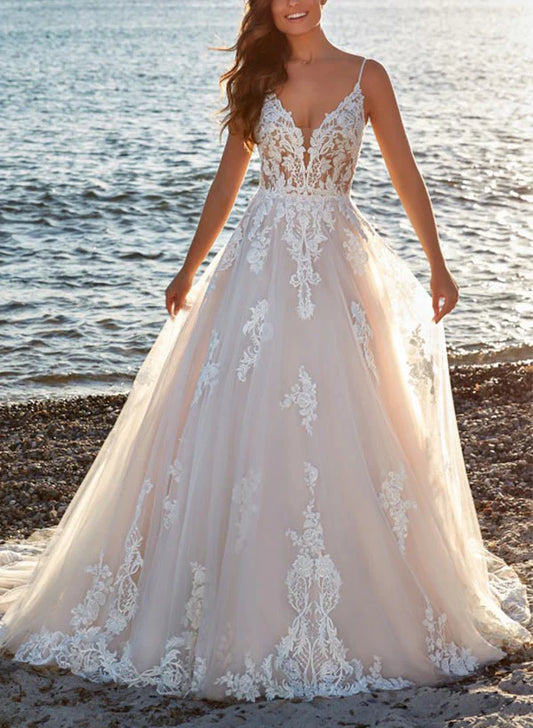 A-Line V-Neck Sweep Train Tulle Bridal Gown Floor Length Wedding Dress with Appliques