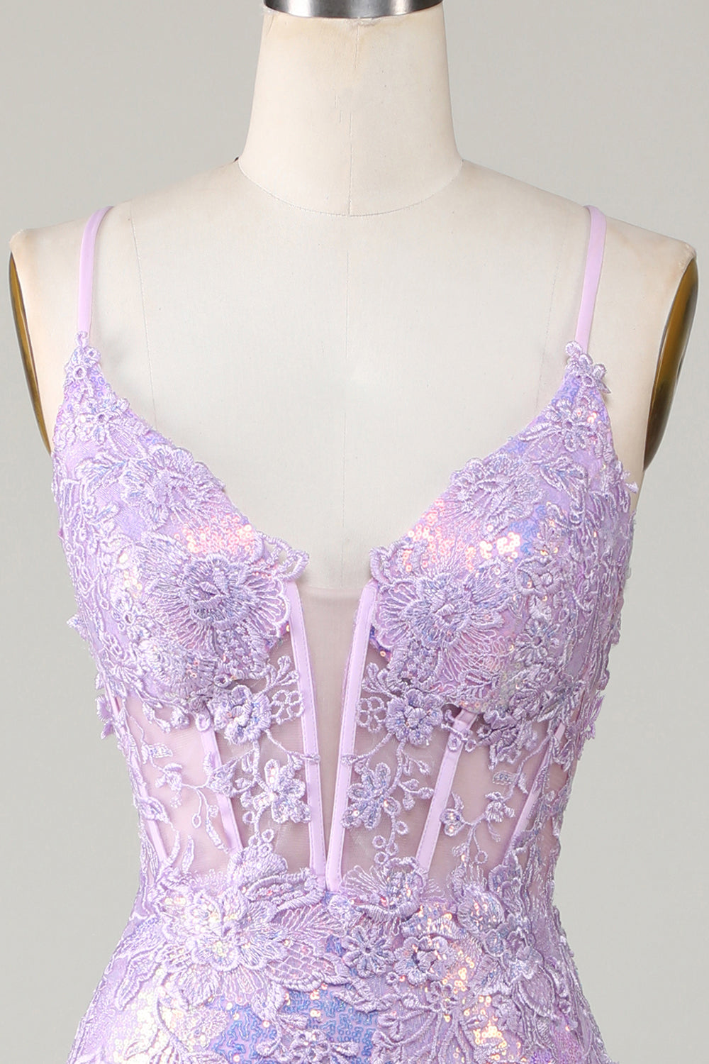 Sparkly Mermaid Spaghetti Straps Purple Corset Prom Dress with Slit Beautiful