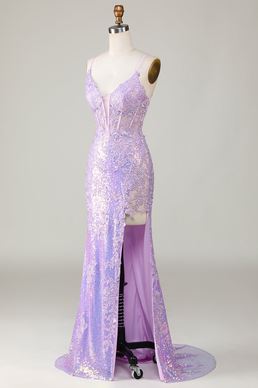 Sparkly Mermaid Spaghetti Straps Purple Corset Prom Dress with Slit Beautiful