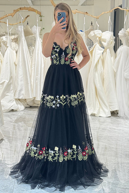 Black A Line Spaghetti Straps Long Prom Dress With Appliques Beautiful Flowers