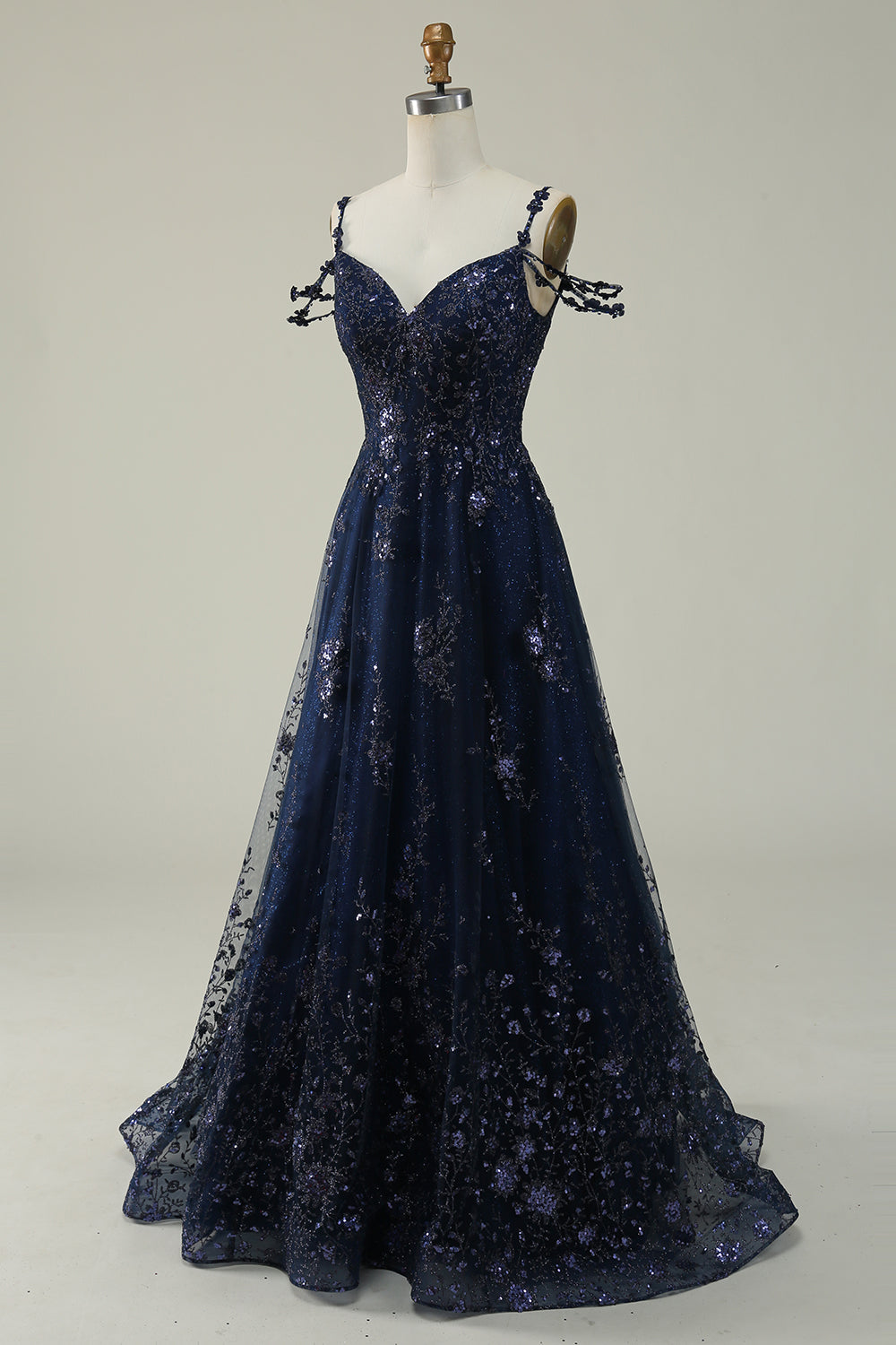 Navy A Line Cold Shoulder Long Prom Dress V-neck Sexy Sparkly