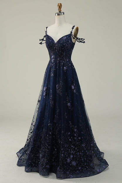 Navy A Line Cold Shoulder Long Prom Dress V-neck Sexy Sparkly