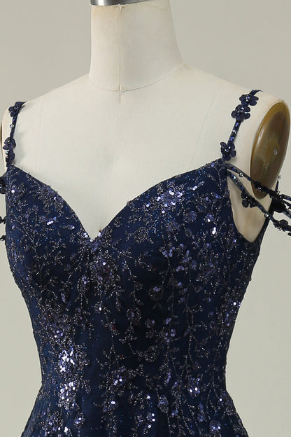 Navy A Line Cold Shoulder Long Prom Dress V-neck Sexy Sparkly