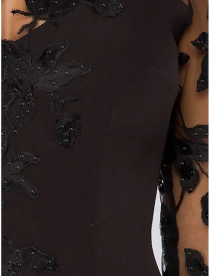 Sheath Cocktail Elegant Dress Fall Wedding Guest Dress Long Sleeve Black Dress Midi Dress Floral Embroidery Illusion Neck Mother of the Bride Dress