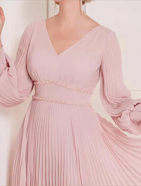 A-Line Mother of the Bride Dress Kentucky Derby Dresses Formal Wedding Guest Elegant Scoop Neck V Neck Tea Length Chiffon Long Sleeve with Crystals Ruching