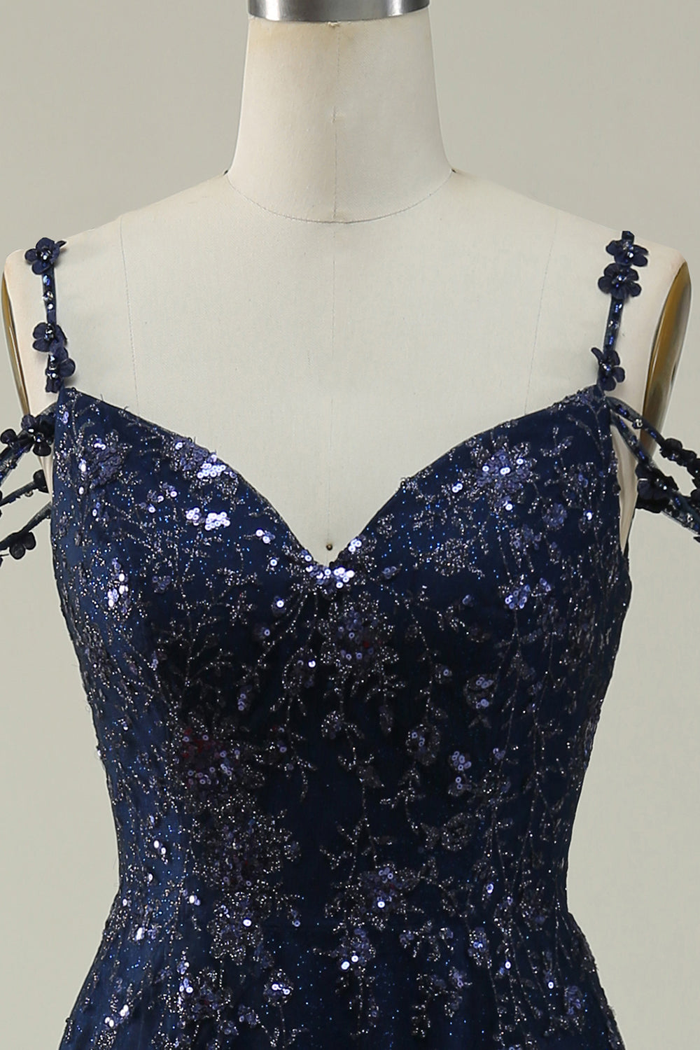 Navy A Line Cold Shoulder Long Prom Dress V-neck Sexy Sparkly