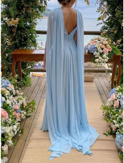 Sheath / Column Mother of the Bride Dress Wedding Guest Elegant Party V Neck Court Train Chiffon Sleeveless with Pleats Solid Color